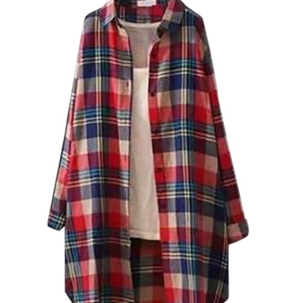 Women's Plaid Cardigan Shirts  Roll Up Sleeve Button Down  Oversized Blouse - Picture 2 of 2